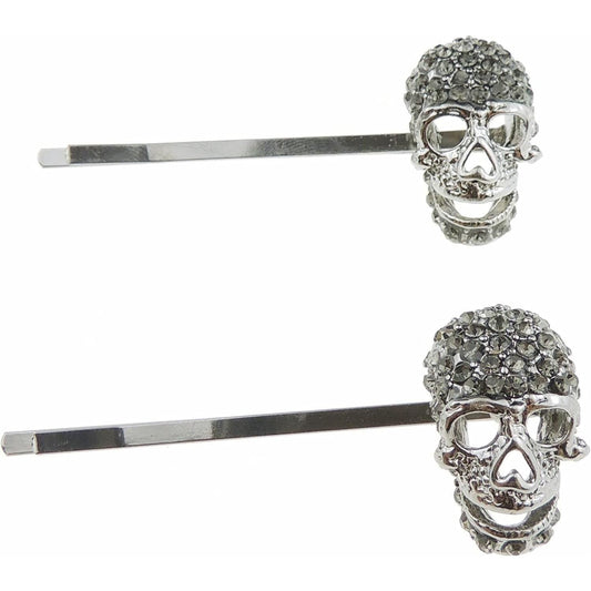 Women Girls Dark Silver Tone Grey Black Crystal Diamante Pair of 2 Skull Goth Hair Grips