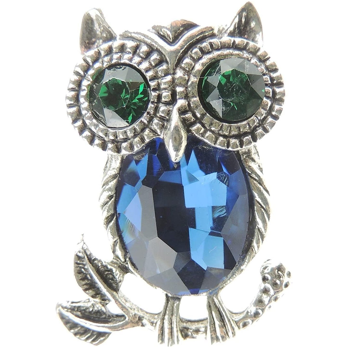 Ladies Mens Diamante Large Crystal Stone Owl On A Branch Bird Brooch Green Eyes