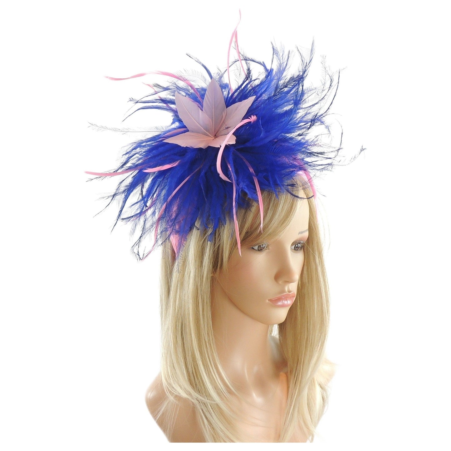 Royal Blue Hot Pink Extra Wide Feather Fascinator Ascot Hat Silk Puffy Matador Headband Alice Band  Headpiece Cocktail Tea Party Wedding