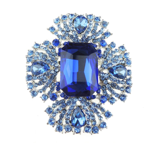 Ladies Crystal Diamante Large Rectangular Squared Cameo Brooch Pin (Blue)