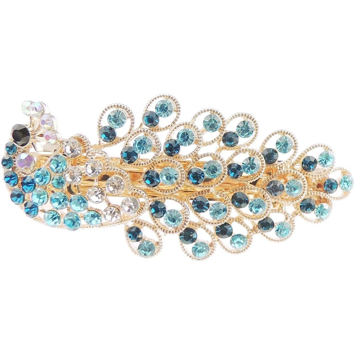 Sparkly Womens Girls Crystal Rhinestone Diamante Wedding Bridal Party Evening Ponytail Fine Hair Accessories Occasion Barrette Hairpin Grip French Metal Spring Clip Peacock Bird Gold Tone