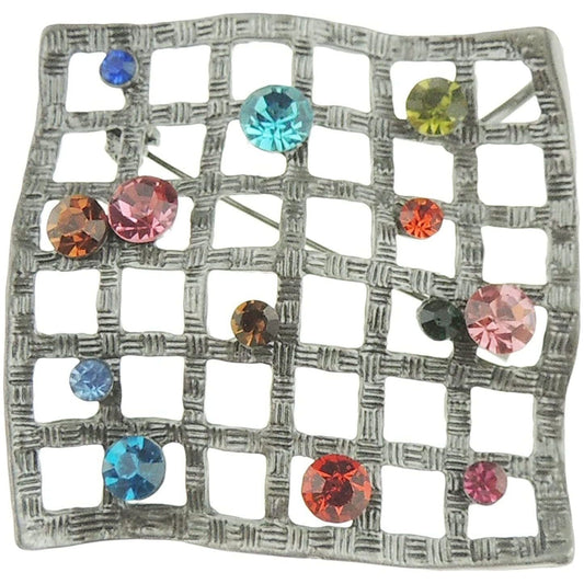 Diamante Crystal Rhinestone Vintage Look Silver Tone Modern Art Brooch Geometric Wavy Square