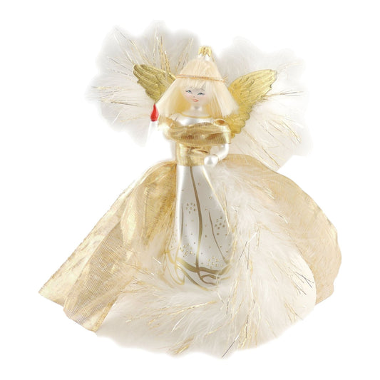 Italian Hand Blown Glass Keepsake Large Christmas Tree Ornament Bauble Winter Gold Feather Candle Angel