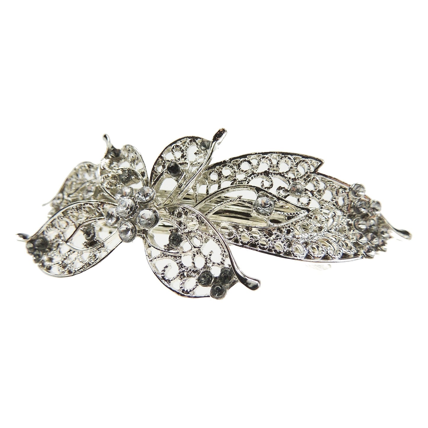 Womens Girls Diamante Crystal Stone Wedding Birthday Party Bridal Wedding Ponytail Fine Medium Hair Accessories Occasion Barrette Hairpin Grip French Spring Clip Vintage Look Silver Tone Metal Butterfly