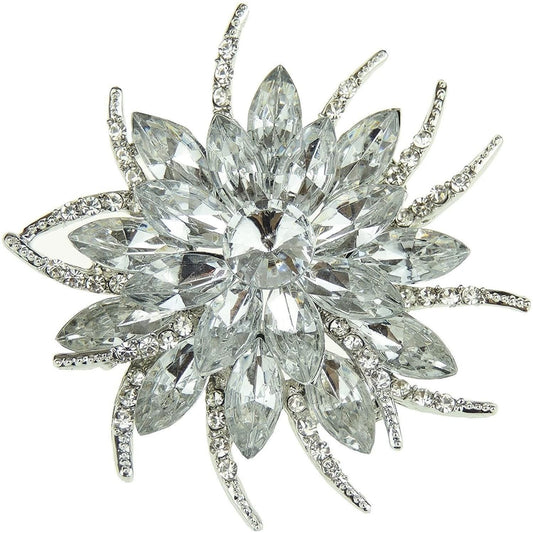 Ladies Crystal Diamante Star Burst Floral Silver Tone Lapel Brooch