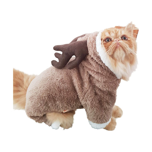 SMALL DOG BREED ONLY Cat Festive Christmas Reindeer Antlers Hooded Warm Thick Fleece Jumpsuit Jacket Jumper (L)