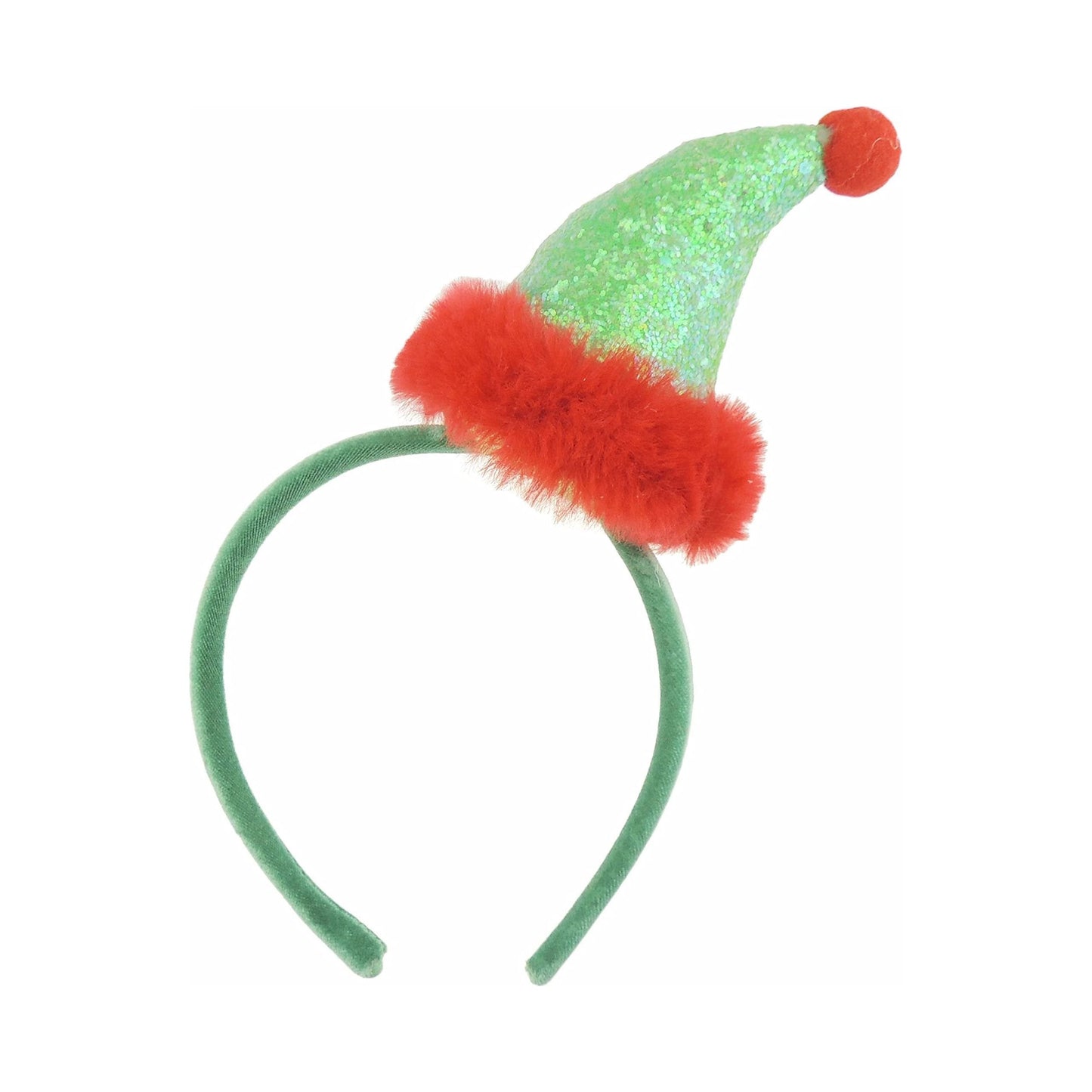 Ladies Mens Festive Christmas Party Green Glitter Red Trim Elf Santa Hat Deeley Bopper Headband Alice Band