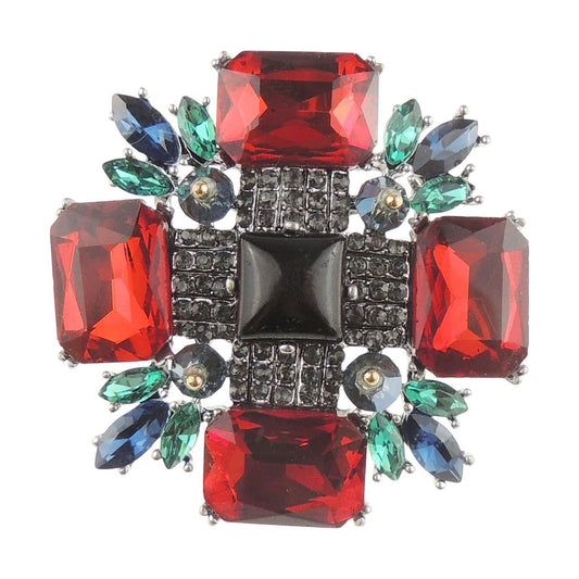 Extra Sparkly Diamante Crystal Rhinestone Badge Pin Brooch Geometric Square Cross Red Green