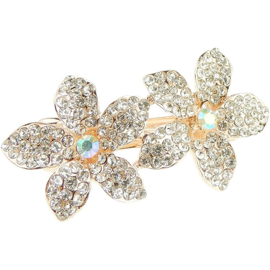 Ladies Gold Tone Metal Crystal Hair Barrette Double Flower