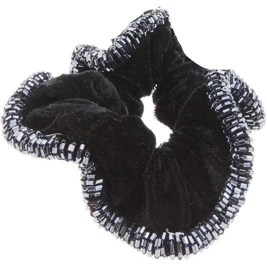 Ladies Girls Large Black Beaded Trim Velvet Evening Scrunchie Hair Elastic Tie Grey Beads