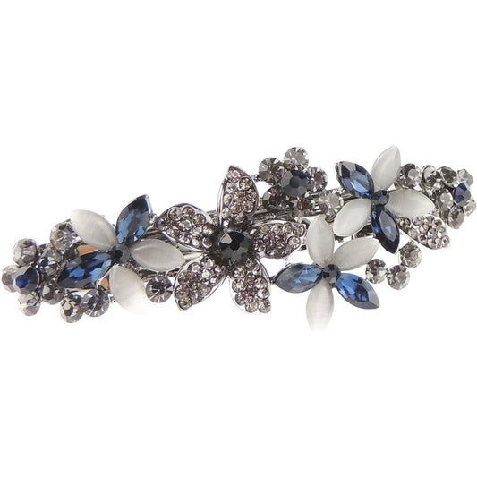 Ladies 9cm Vintage Look Crystal Hair Barrette Floral Bouquet Blue