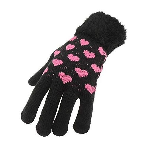 Soft Ladies Womens Girls Thick Knitted Crochet Thermal Fleece Lined Cold Weather Winter Ski Outdoor Hand Warmers Touch Screen Gift Mittens Gloves Mitts Christmas Birthday Hearts