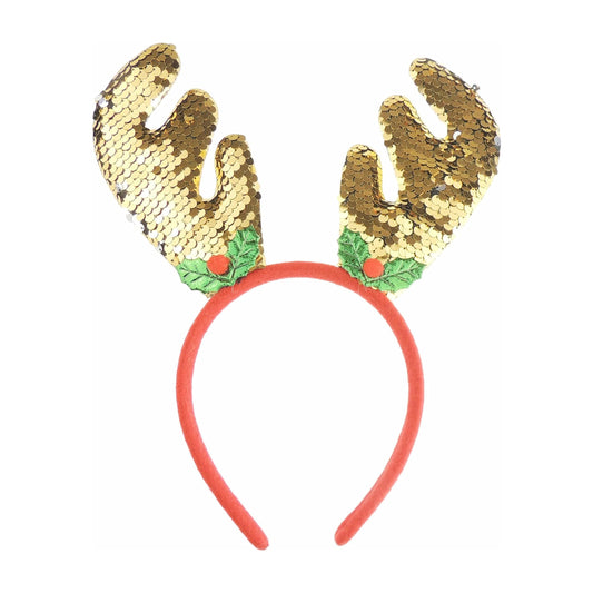 Glamour Girlz Unisex Womens Mens Festive Ears Christmas Nativity Costume Outfit Party Headband Hair Hoop Alice Band Hairband Deeley Bopper Reindeer Deer Stag Antler Ears Red Gold Sequin