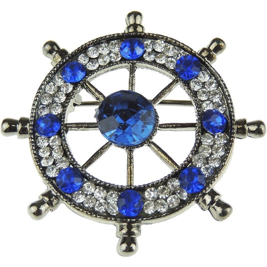 Ladies Men's Naval Maritime Boat Lover Brooch Diamante Crystal Gold Tone Boat Wheel