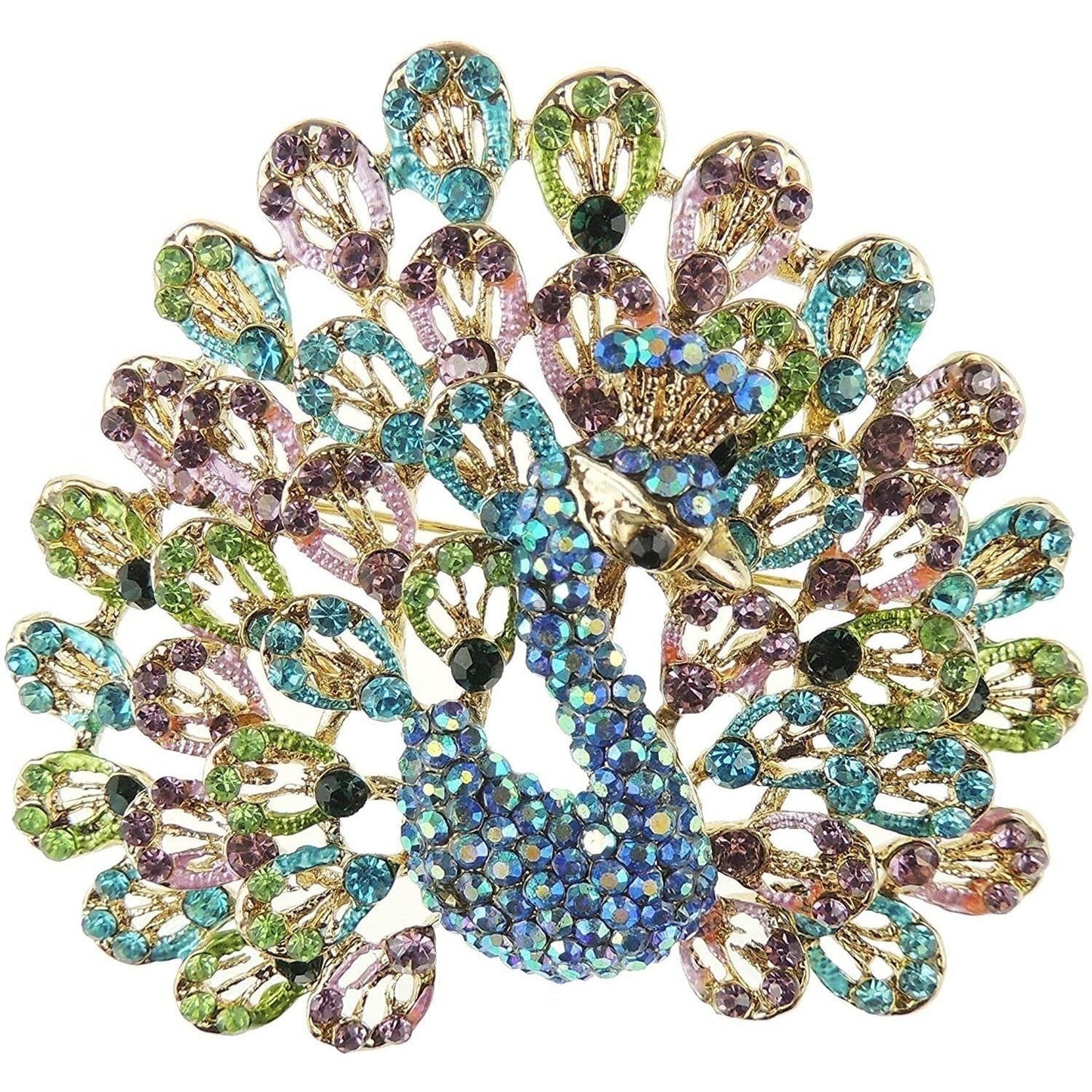 Large Diamante Crystal Wedding Evening Brooch Peacock Feathers