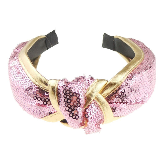 Ladies Sparkly Sequin Evening Party Stitched Edge Gold Leather Look Trim Top Knot Headband Alice Band (Hot Pink)