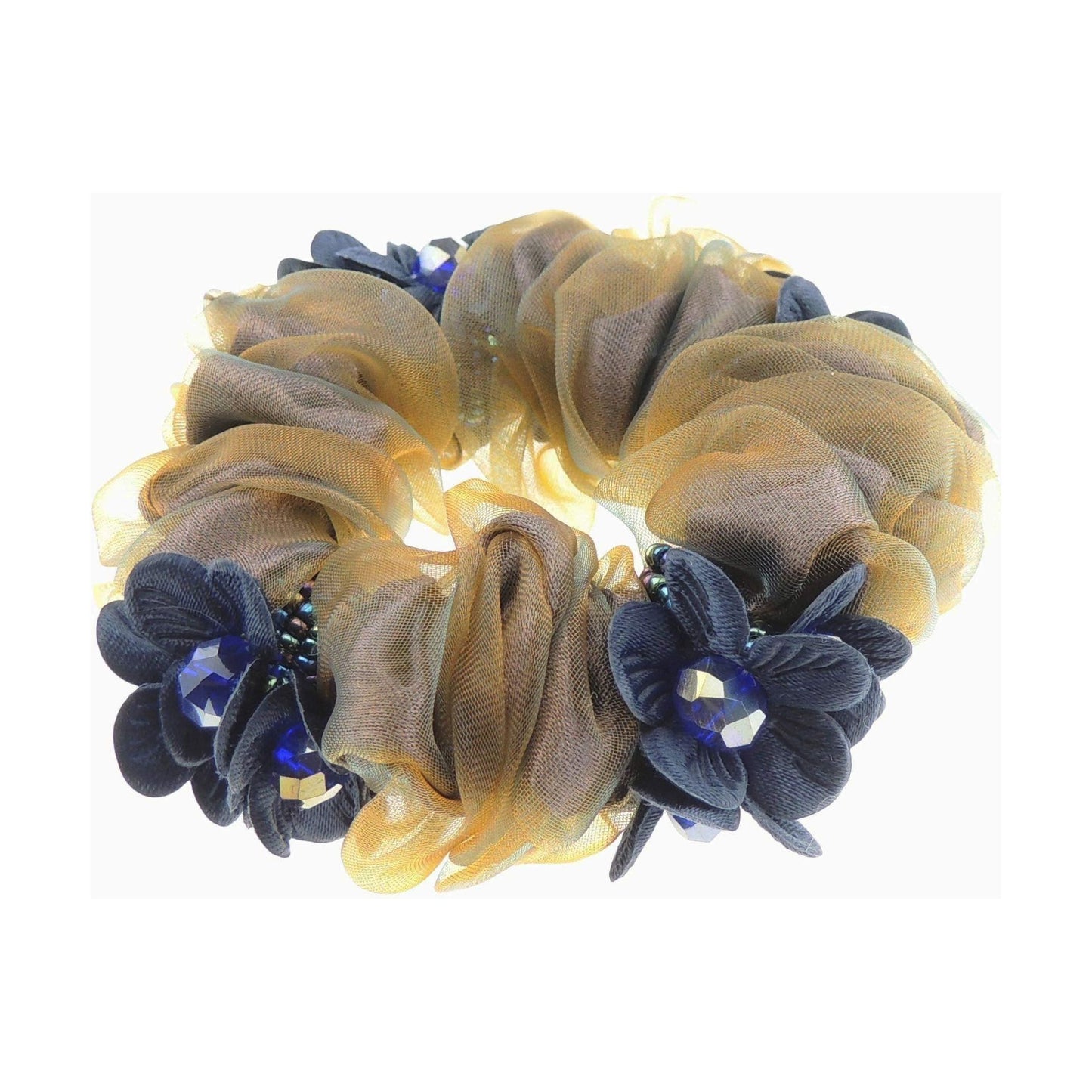 Womens Girls Essential Chiffon Beaded Floral Fabric Sleep Christmas Birthday Bridal Wedding Bridesmaid Party Ponio Hair Tie Up Back Elastic Accessories Bobbles Ponytail Holder Rubber Bands Scrunchie