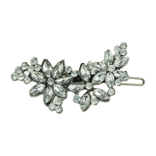 Ladies Sparkly SIlver Tone Crystal Flowers Floral Diamante Crystal Rhinestone Womens Girls Party Birthday Christmas Bridal Wedding Accessories Hairpin Hair Clip Grip Bobby Pin Clip Slide