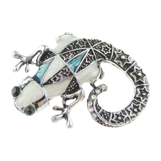 Mens Ladies Silver Tone Vintage Look Amphibian Lover Iguana Lizard Gecko Brooch White Blue