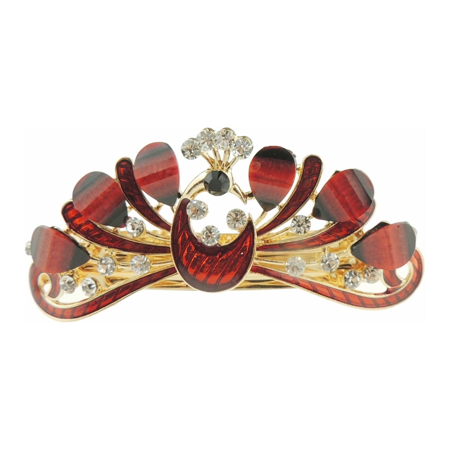 Ladies Enamel & Diamante Evening Occasion Stencil Hair Barrette Clip Peacock Spread Feathers