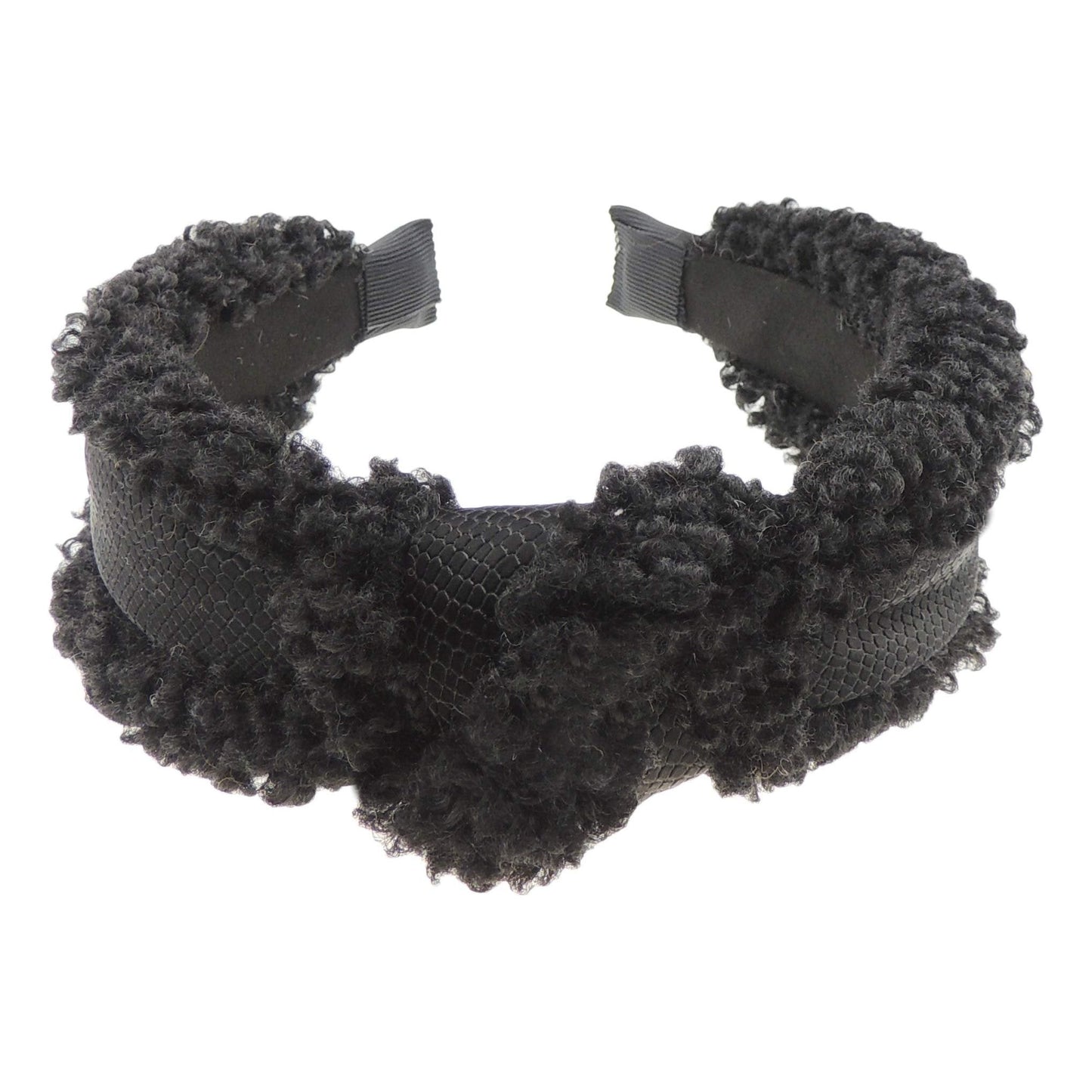 Ladies Soft Furry Fluffy Black Central Ribbon Trim Top Knot Headband Alice Band