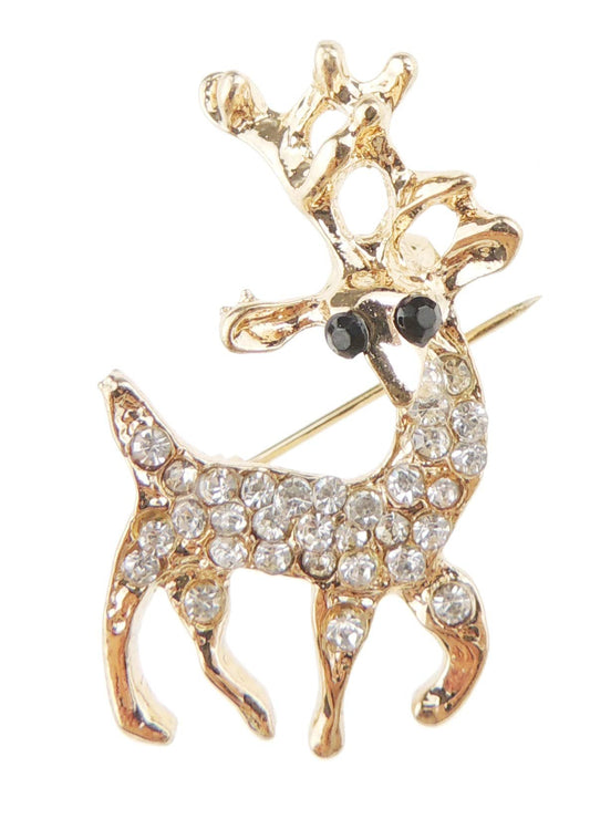 Festive Christmas Xmas Gift Coat Scarf Coat Jacket Shawl Scarf Diamante Rhinestone Crystal Brooch Badge Breastpin Corsage Pin Xmas Gift Boxed Gold Tone Clear SMALL Reindeer