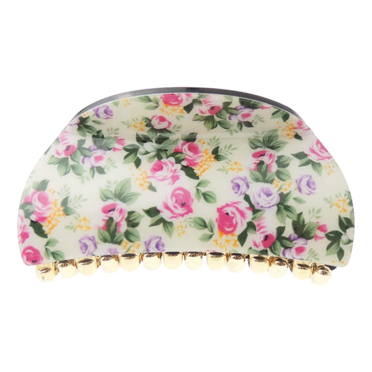 Ladies Floral English Garden Print Covered Oval Rounded Hair Claw Clamp Clip