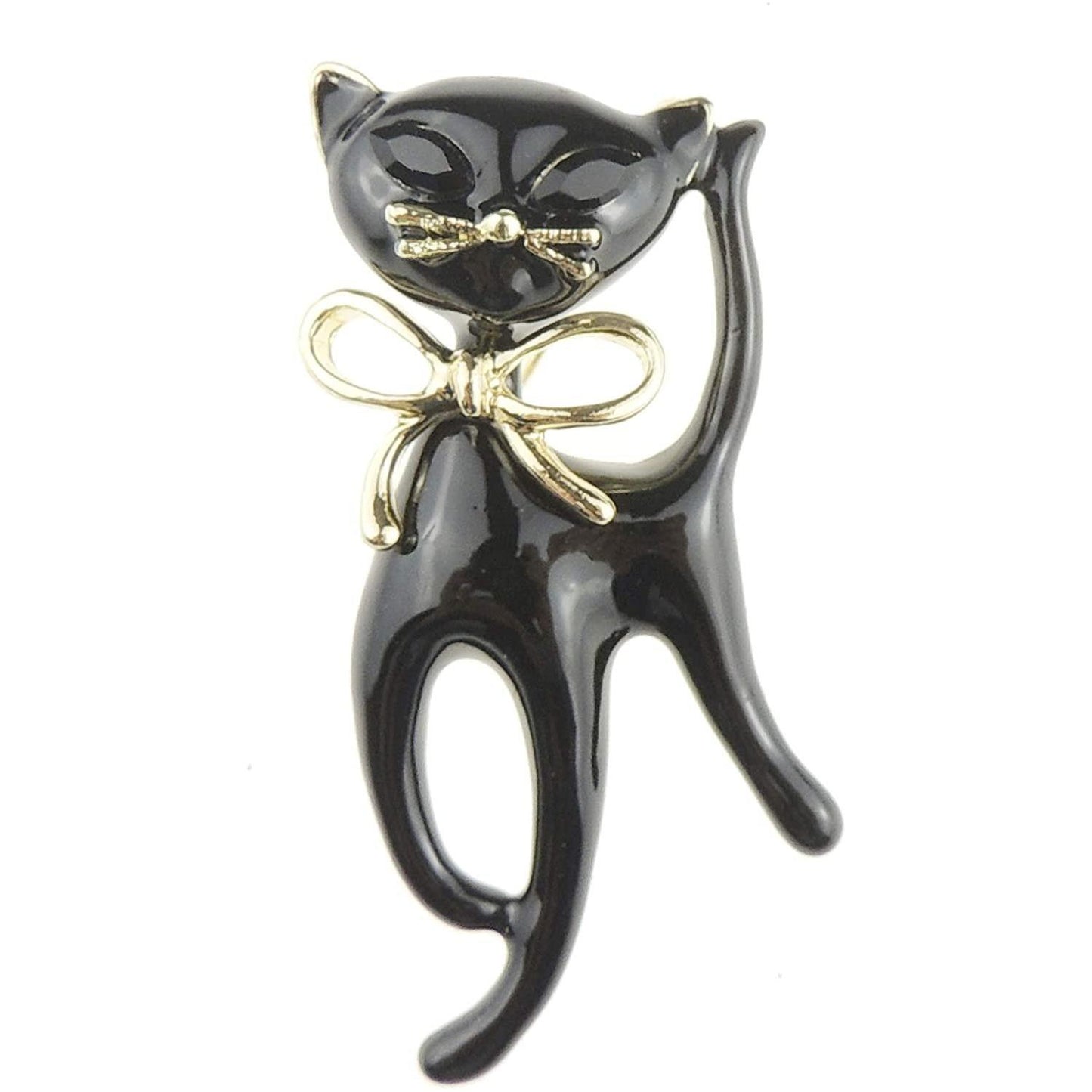 Enamel Diamante Crystal Standing Kitty Cat With Bow Brooch