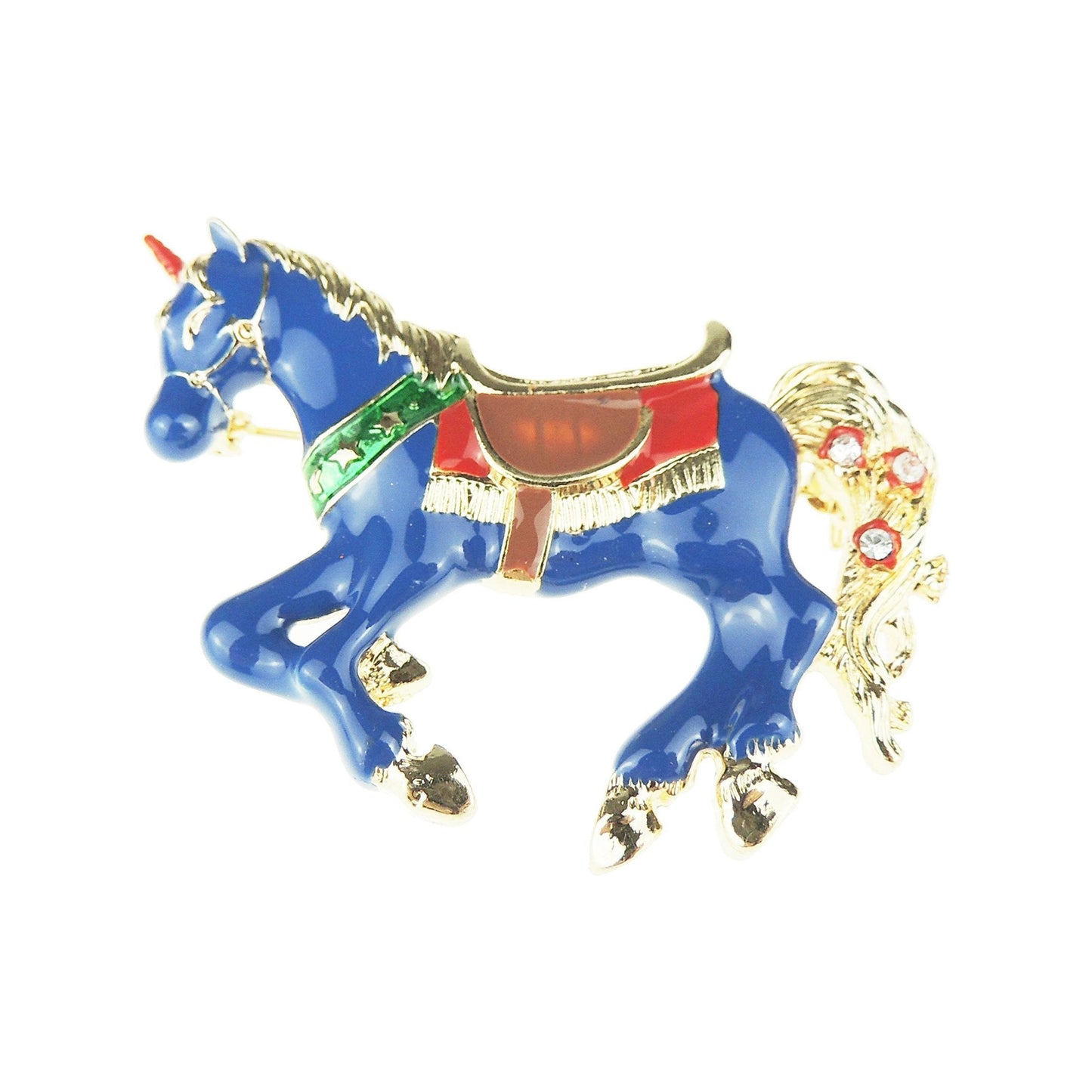 Ladies Horse Lover Enamel Brooch Unicorn Carousel Horse Blue