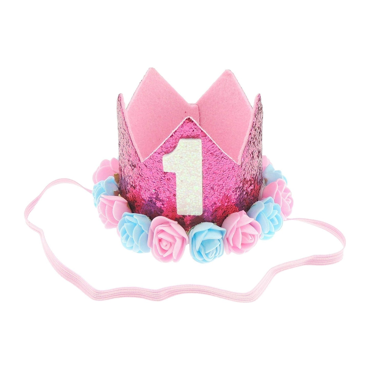 Adorable Baby Boys Girls Cat Dog Glitter 1st One Birthday Silver Gold Elasticated Crown With Roses