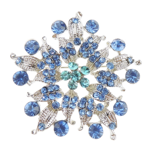 Sparkly Mens Womens Crystal Rhinestone Diamante Wedding Christmas Birthday Fashion Badge Scarf Dress Lapel Brooch Pin Small Gift Boxed Blue Round Silver Tone Snowflake Star Floral