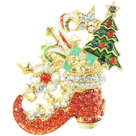 Sparkly Diamante Crystal Red & Green Christmas Tree Festive Boot Gift Brooch