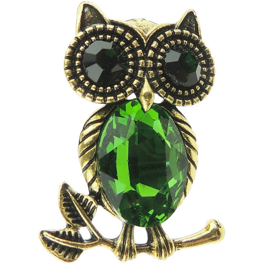 Ladies Mens Diamante Large Crystal Stone Owl On A Branch Bird Brooch Green Eyes