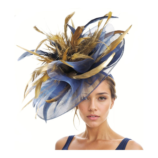 Navy Blue Metallic Gold Champagne Large Statement Hatinator Fascinator Ascot Derby Kentucky Wedding Tea Party Ladies Day Headwear Custom Hat