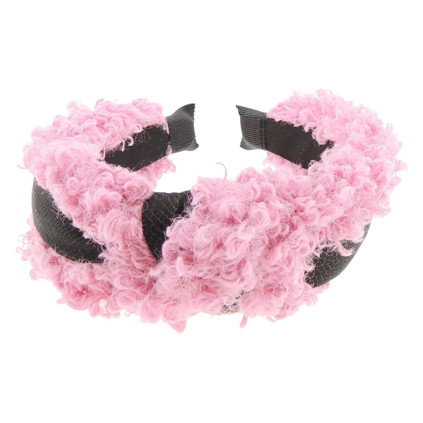 Ladies Soft Furry Fluffy Black Central Ribbon Trim Top Knot Headband Alice Band