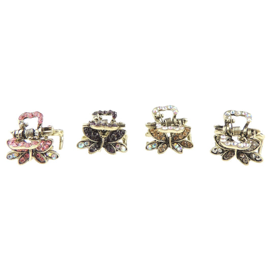 Set of 4 Women Girls Gold Metal Vintage Look Crystal Diamante Rhinestone Gems Bulldog Jaw Clip Octopus Small Hair Clamp Grip Bridal Wedding Party Styling Claw MINI SMALL 2.5cm Butterfly Hair Claws