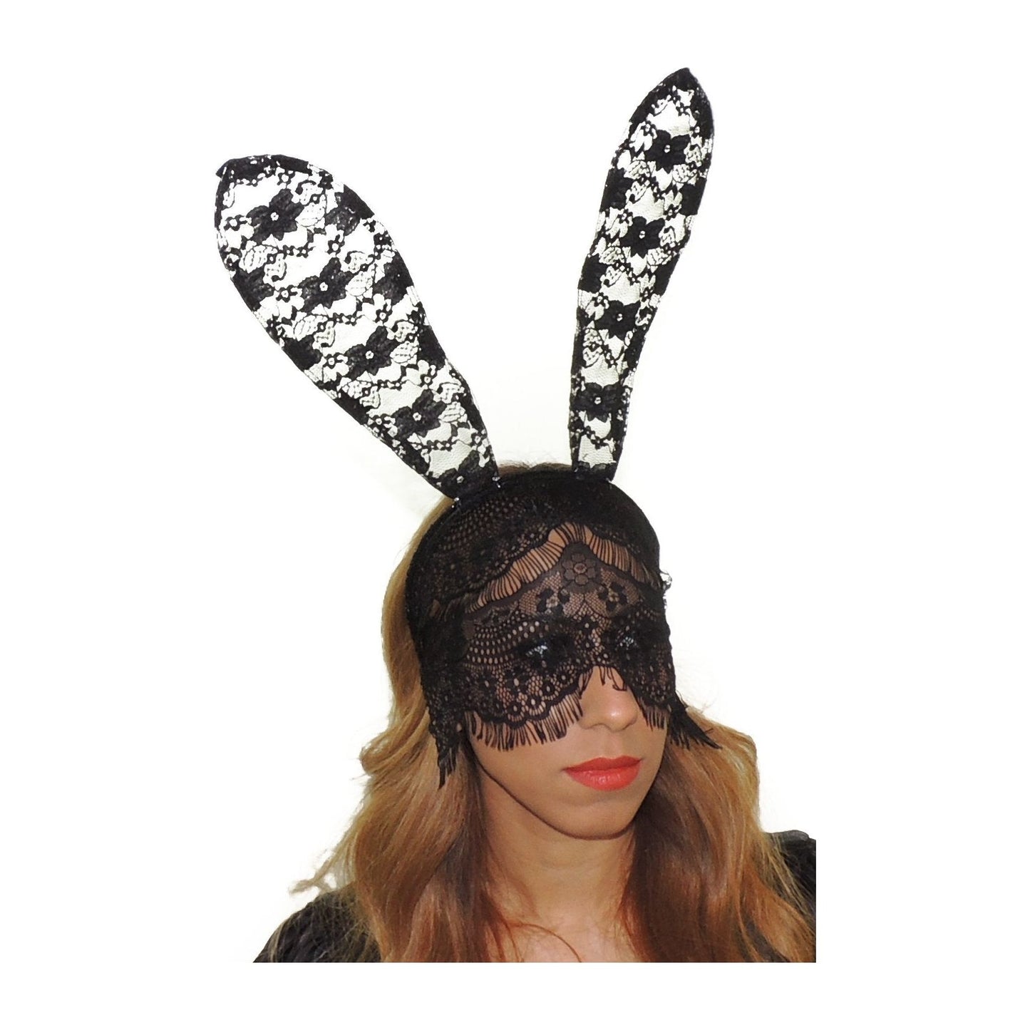 Womens Fancy Dress Up Party Role Play Cosplay Veil Masquerade Venetian Mask Costume Hen Do Halloween Deely Deeley Bopper Headband Hairband Hair Alice Band Large Fabric Lace Bunny Rabbit Ears (Black)