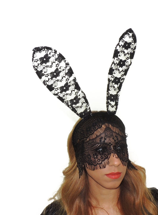 Womens Fancy Dress Up Party Role Play Cosplay Veil Masquerade Venetian Mask Costume Hen Do Halloween Deely Deeley Bopper Headband Hairband Hair Alice Band Large Fabric Lace Bunny Rabbit Ears (Black)