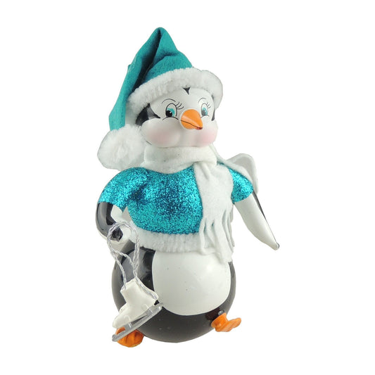 Italian Large Hand Blown Glass Keepsake Christmas Tree Ornament Bauble Blue Penguin Skating