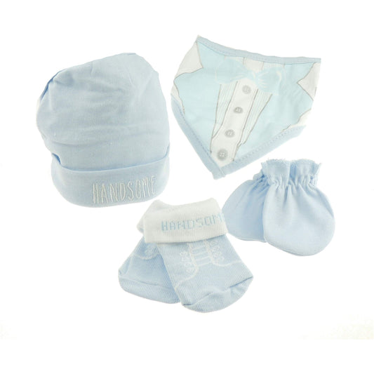 Baby Boys Babies Infants Newborn Cotton 1st Shower Christmas Cotton Pram Hospital Beanie Cap Hat Bandana Feeding Dribble Bib Scratch Mitts Mittens 4 PIECE SET 0 3 6 Months Gift (Blue Handsome)