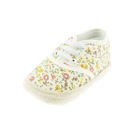 Baby Girls Pram Shoes Easy Slip On English Summer Garden Floral Roses Flowers Trainers Baby White Yellow Pink 0-9 Months (White Yellow Pink, 0_Months)