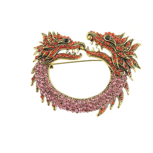 Ladies Large Rhinestone Crystal Circle Lapel Brooch Two Headed Dragon (Red Gold Tone)