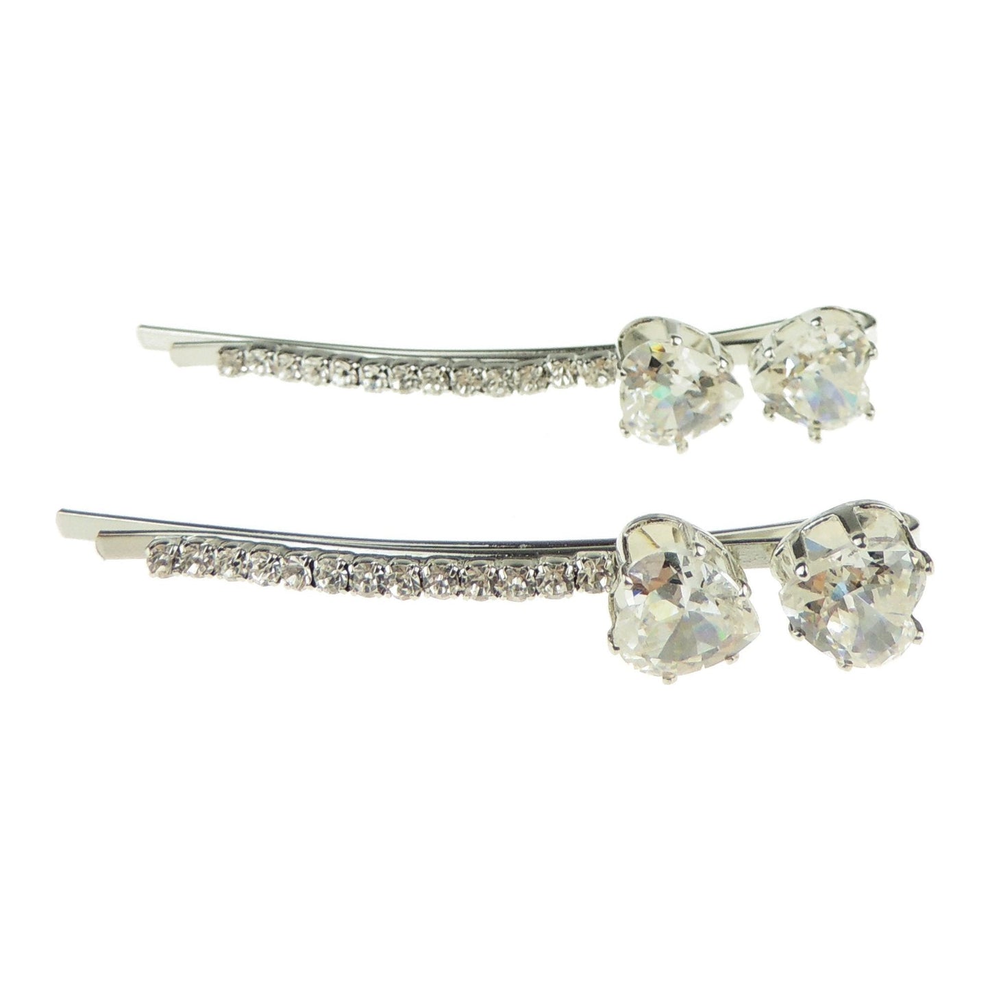 Womens Girls Sparkly Bow Rhinestone Jeweled Crystal Diamante Party Birthday Christmas Bridal Wedding Accessories Slides Hairpin Hair Clips Grips Bobby Pins Silver Tone Set of 2 Round Heart