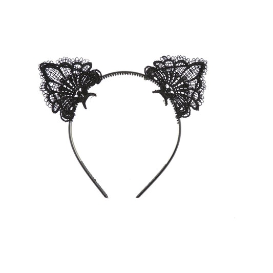 Womens Girls Fancy Dress Up Party Role School Play Cosplay Costume Christmas Hen Do Halloween Deely Deeley Bopper Animal Nativity Headband Hairband Hair Alice Band Fabric Lace Black Cat Ears