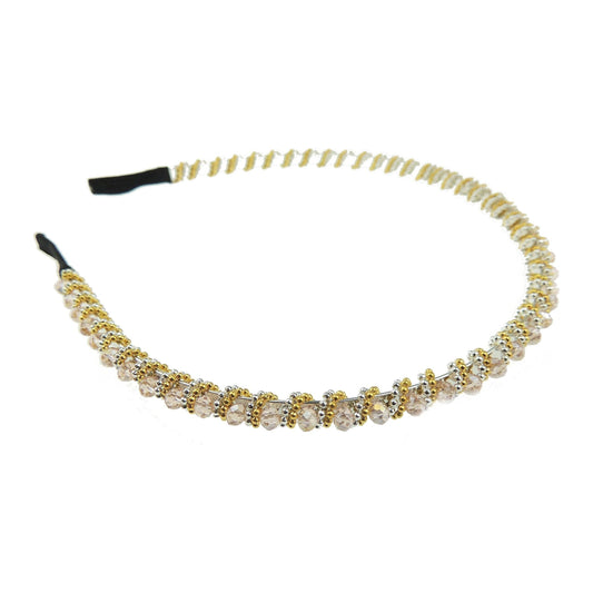 Ladies Narrow Single Row Crystal Headband Alice Band Gold Wrap Around Beads