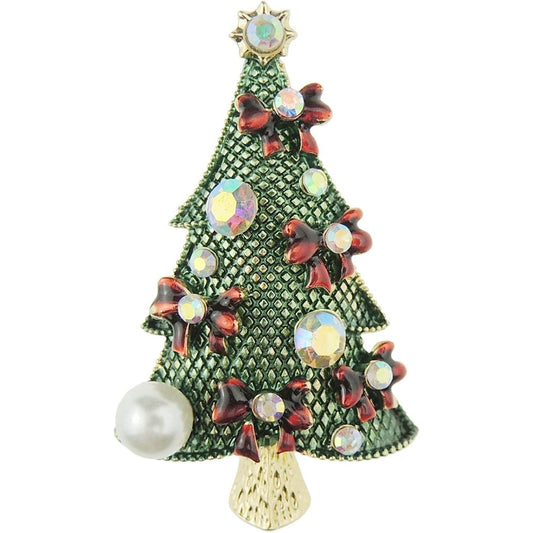 Festive 3D Crystal Diamante Green Christmas Tree Faux Pearl Red Bows Brooch