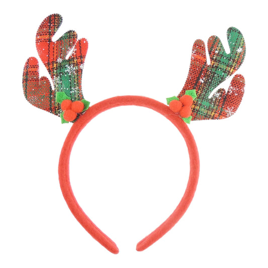 Glamour Girlz Unisex Christmas Deer Antler Deeley Bopper Party Alice Band Headband Red Plaid Tartan