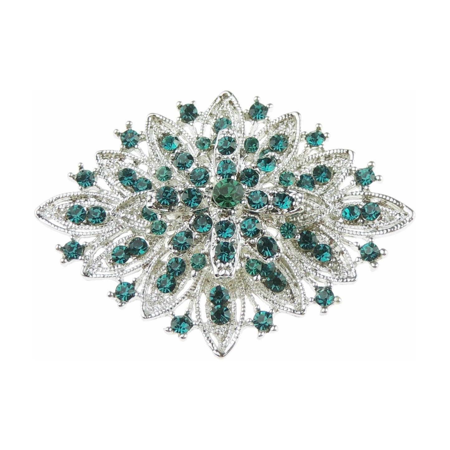 Ladies Sparkly Layered Floral Star Flower Oval Diamante Crystal Bridal Evening Brooch (Silver Tone Green)