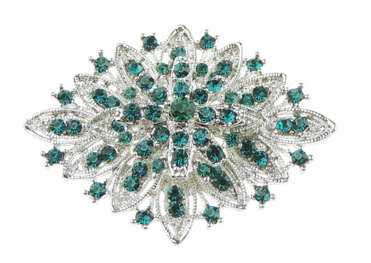 Ladies Sparkly Layered Floral Star Flower Oval Diamante Crystal Bridal Evening Brooch (Silver Tone Green)