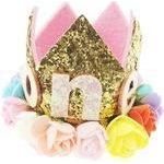 Adorable Baby Boys Girls Cat Dog Glitter 1st One Birthday Silver Gold Elasticated Crown With Roses